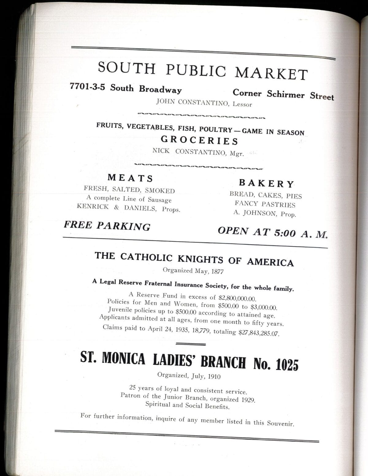 A vintage South Public Market advertisement listing meats, bakery, free parking, and community organizations.