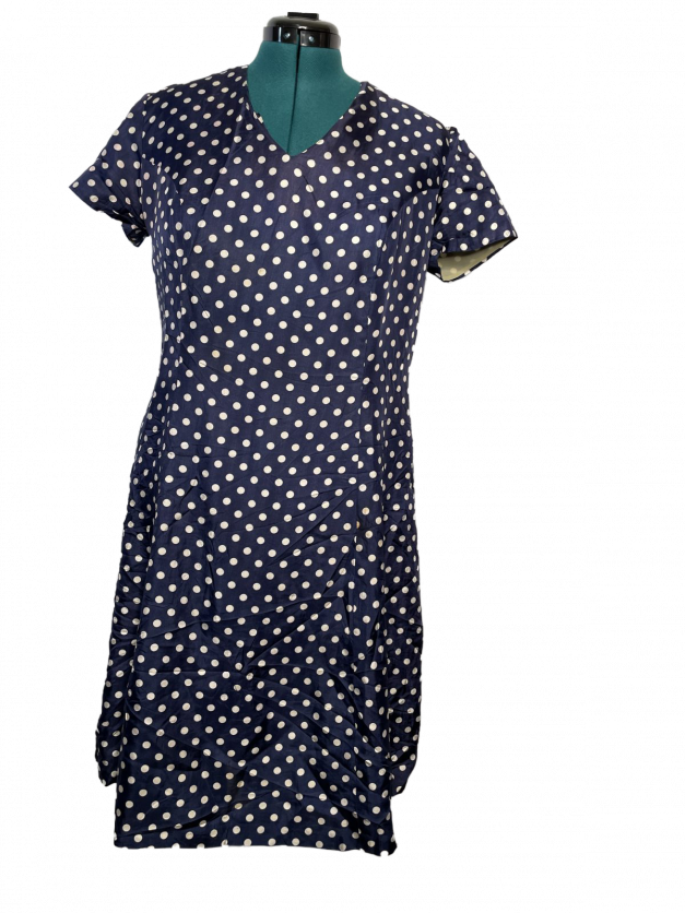 Blue Polkadot vintage 1950s-60s Pinup-style dress - rare size XXL displayed on a mannequin.