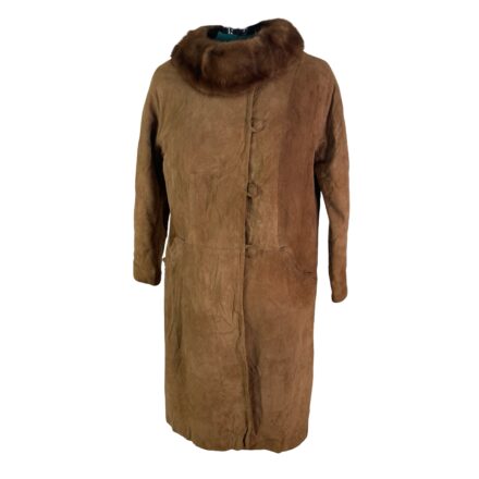 Vintage 70s tan suede maxi coat with real mink fur collar, shown on a plain white background.