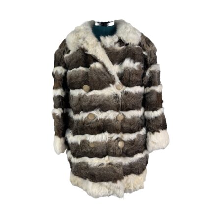 Vintage 70s Striped Rabbit Fur Coat Jacket in brown and white, double breasted with large buttons, shown on a mannequin—glamorous retro style in size M/L.