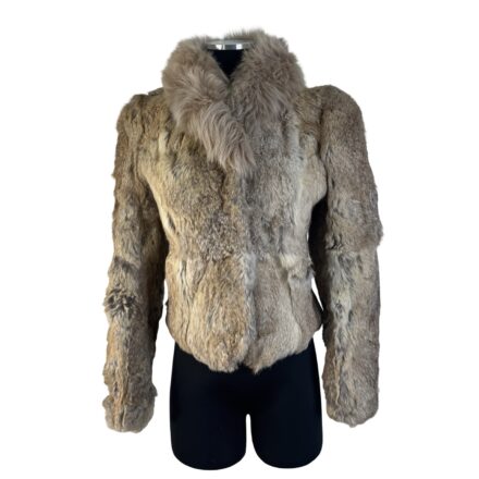 A Vintage Rabbit Fur Jacket with Fox Fur Collar, Petite Hong Kong Size Small, is displayed on a black mannequin torso against a white background.