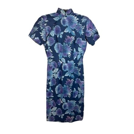 Vintage 70s navy blue floral Cheongsam dress, petite XS, features a purple and white flower pattern; displayed on a white background.