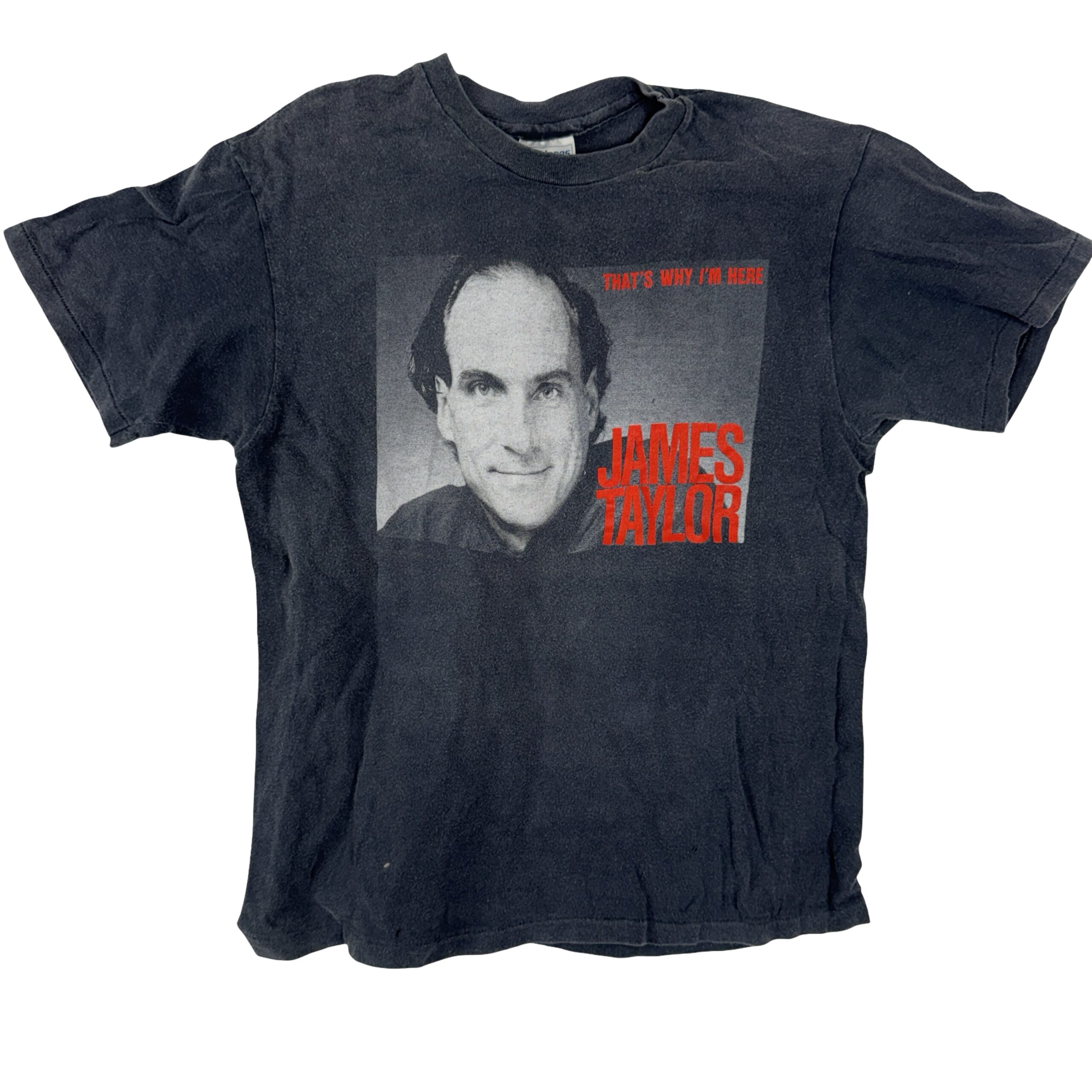 Vintage 1985 James Taylor "That's Why I'm Here" T-shirt by Hanes, 100 cotton, featuring a grayscale portrait and red name on the front; distressed, thrashed condition—soft, thin 80s concert tee.