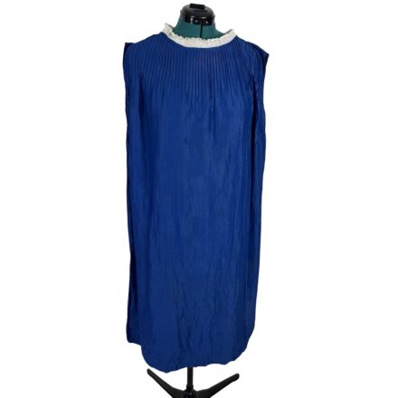 Vintage 60s blue Arnel micro pleated tent dress with mod ruffle collar, shown on a dress form. Plus size 3X/4X 57" bust. AS-IS vintage find.