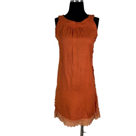 Vintage 60s Mod Orange Mini Dress with open back and lace trim, cotton shift style Size XS/S, displayed on a black mannequin against a white background.