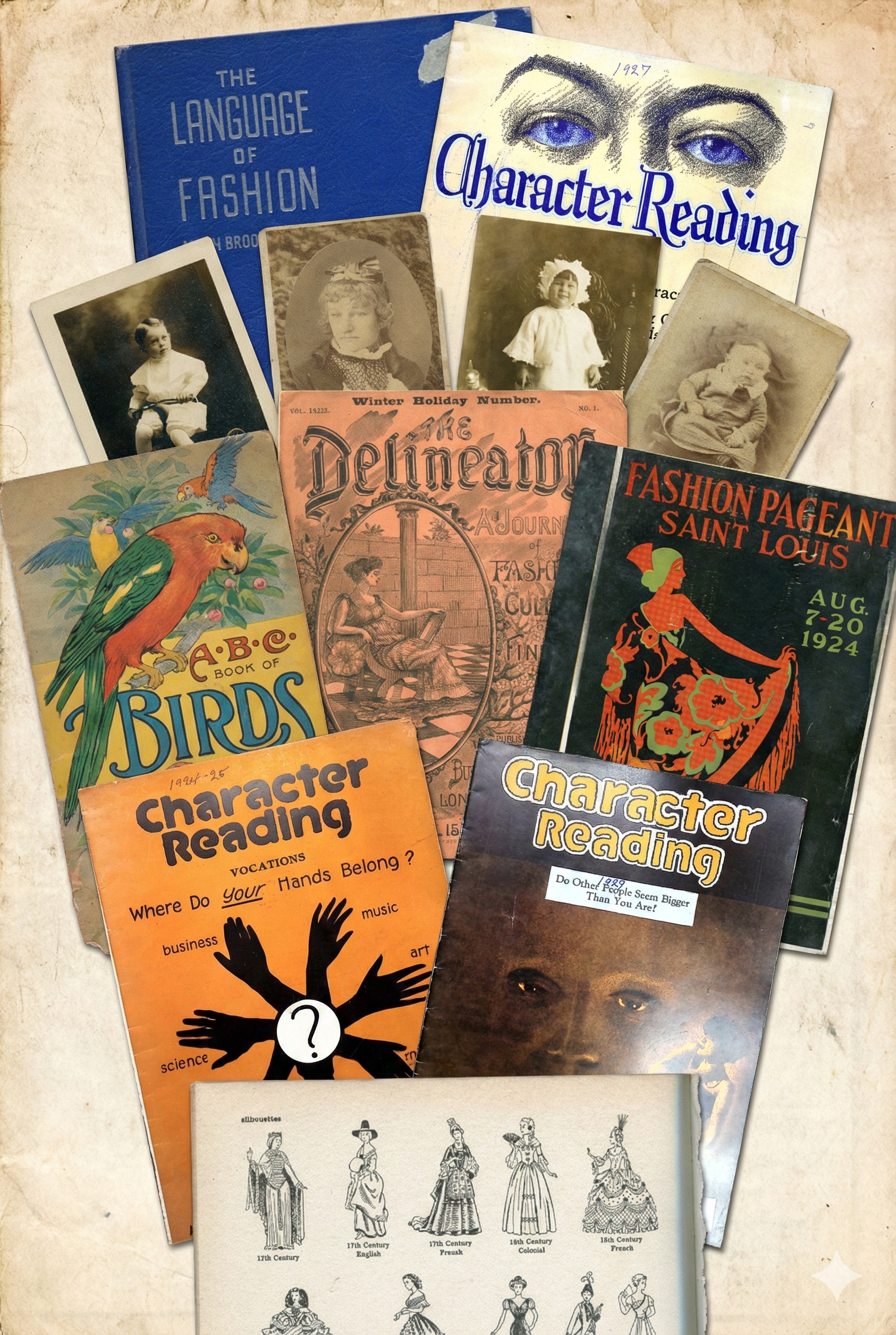 A collage of vintage books and magazines, including topics like fashion, birds, and character reading. A collage of vintage books and magazines, including topics like fashion, birds, and character reading.