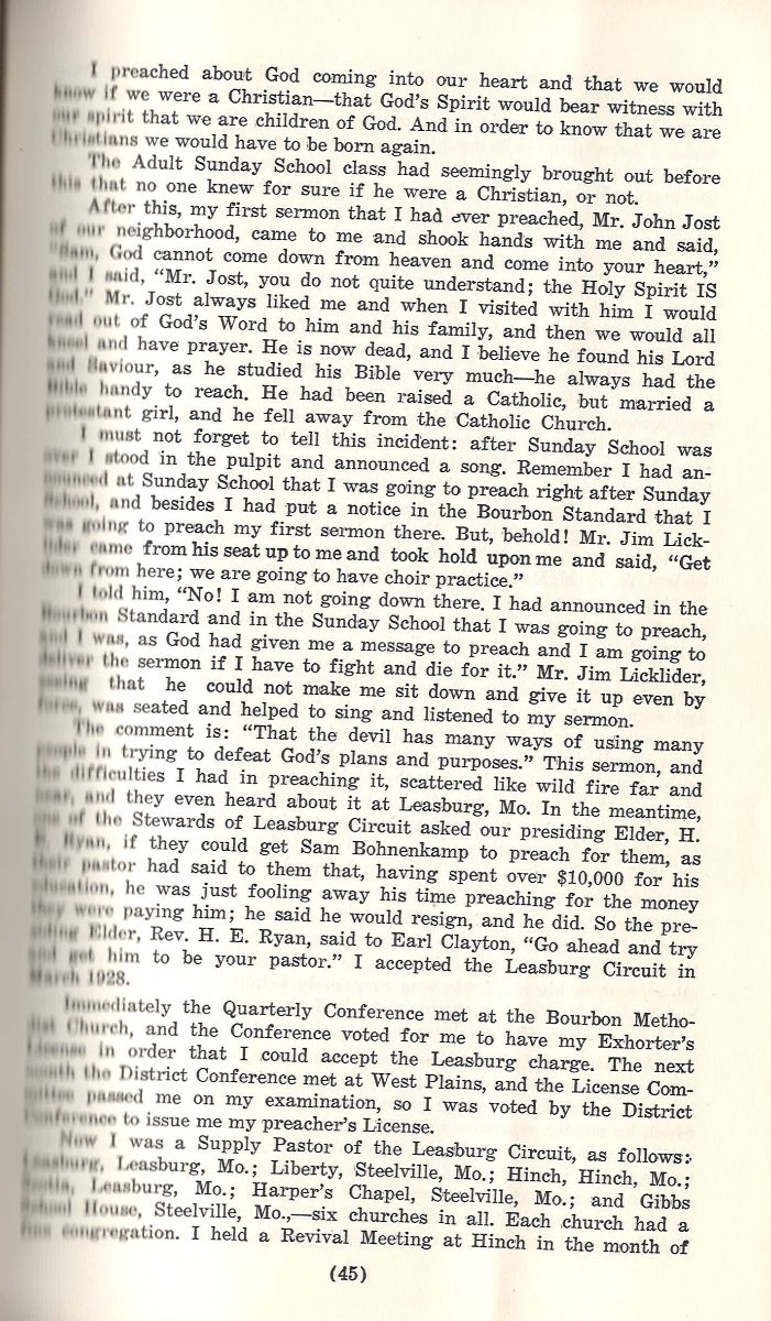 Yellowed, vintage book page with black serif text on preaching and Sunday School at Boone’s Creek; page 45 at the bottom.