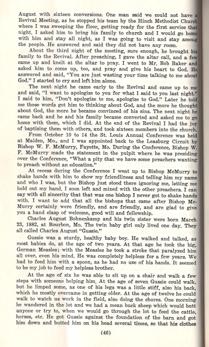 Vintage cream-colored paper page featuring serif text, Boone’s Creek, church revivals, and Bohnenkamp family history.