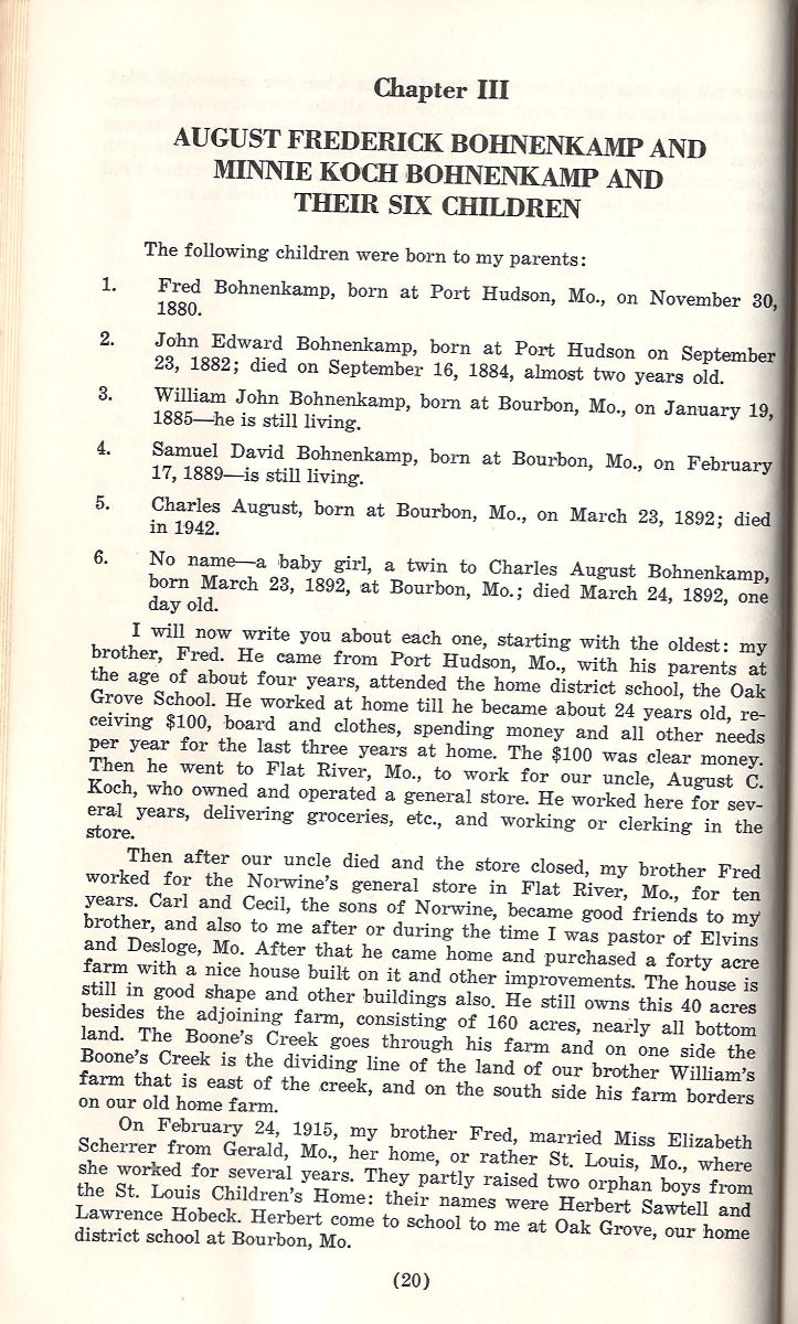 Vintage sepia-toned scanned page with typed text, Chapter III Bohnenkamp genealogy, birth dates in 1900s font style.