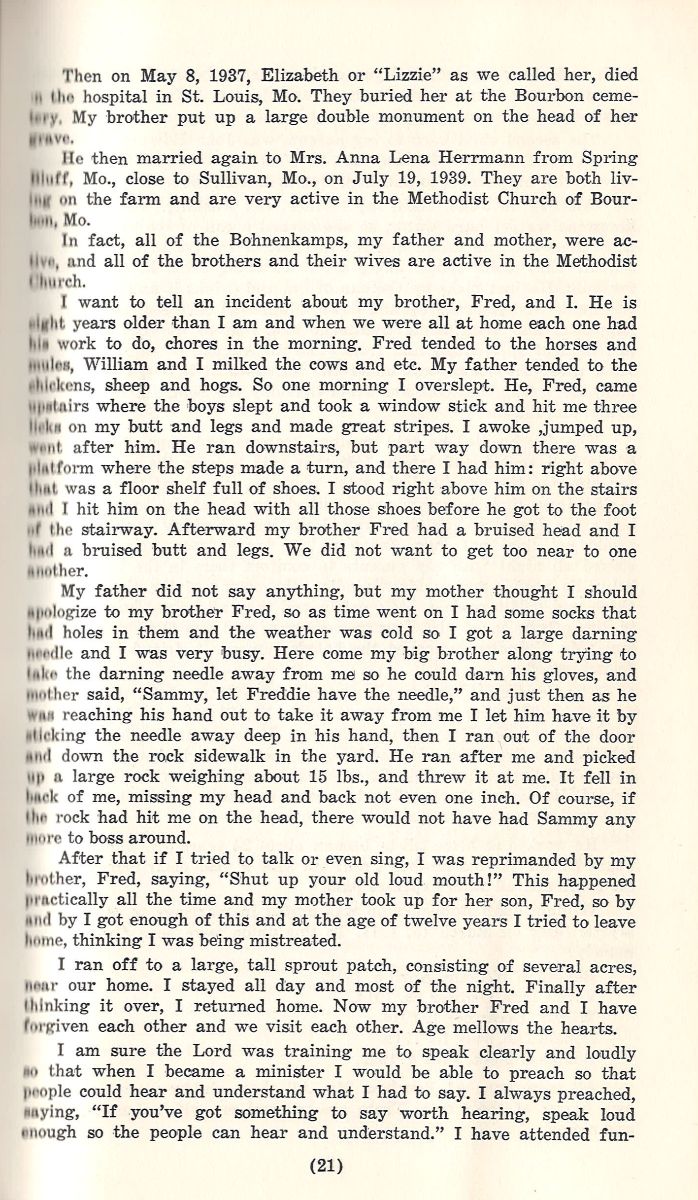 Cream-colored, vintage book page with serif text on Bohnenkamp genealogy, family history; page 211 at bottom.