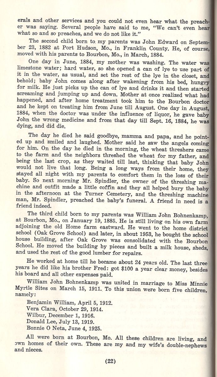 A yellowed, vintage book page with typewritten family history, Miller and Bohnenkamp genealogy, and handwritten notes.
