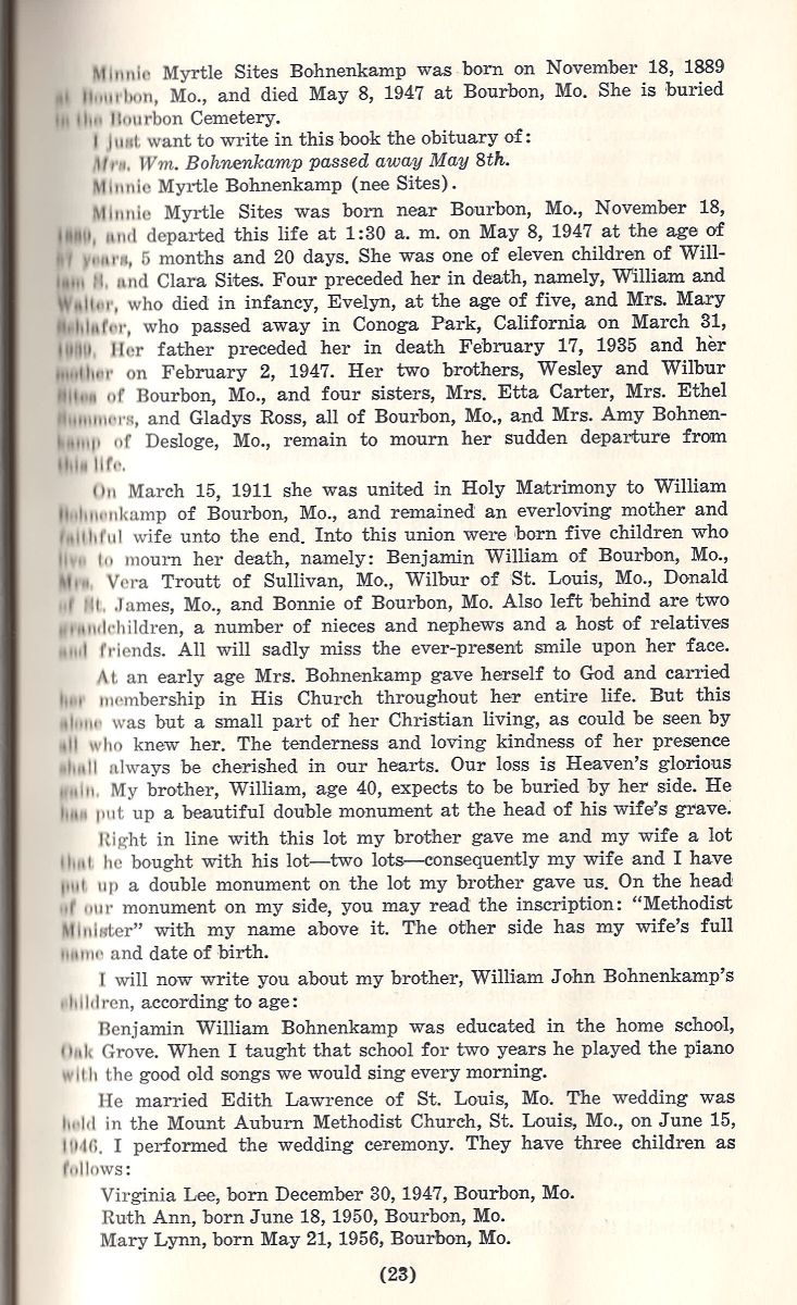 Vintage genealogical book page with typewritten Bohnenkamp family history, birth, marriage, and death dates on cream paper.