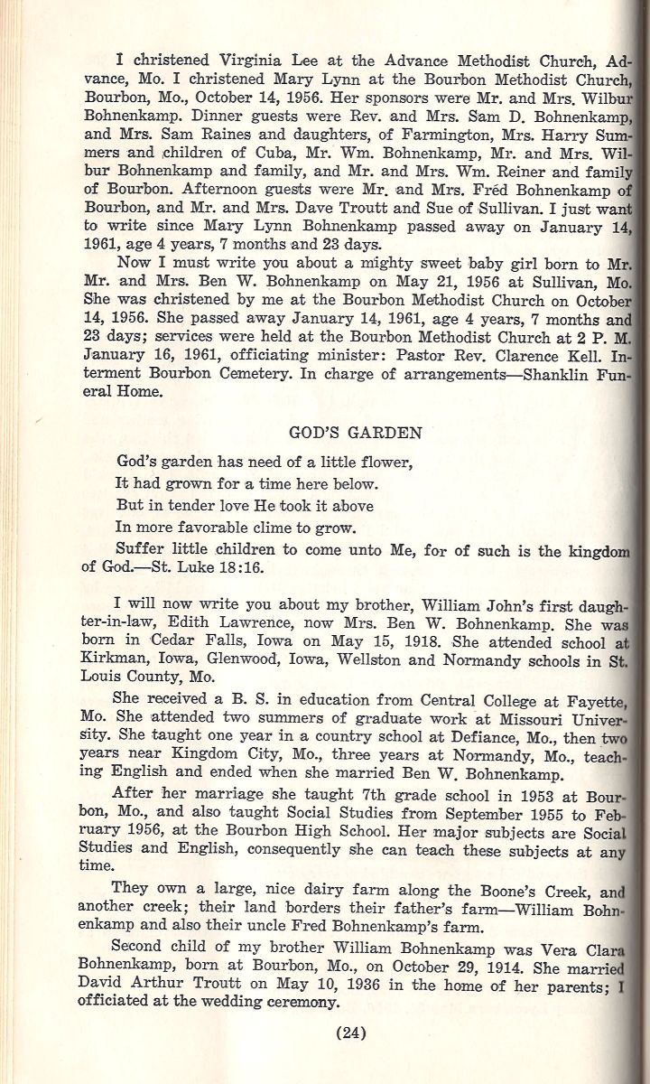 Vintage cream paper with black serif text on Methodist Church baptisms, Bohnenkamp genealogy, and the poem "God's Garden.
