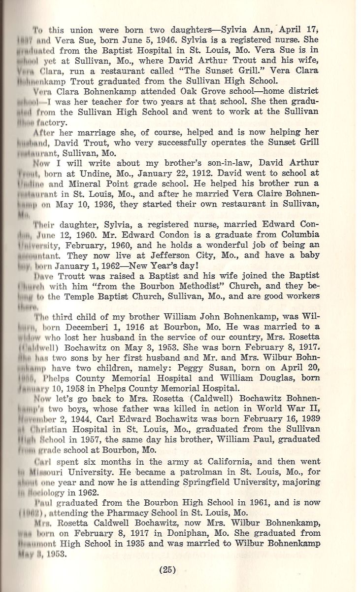 Vintage off-white typed genealogy page, Bohnenkamp family history, 1912-1963, black text on textured paper.