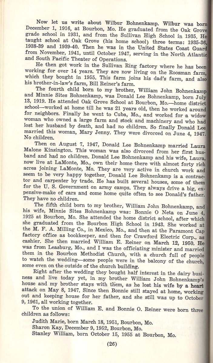 Cream-toned vintage Bohnenkamp family history book page, serif font, featuring Wilbur Bohnenkamp genealogy text.