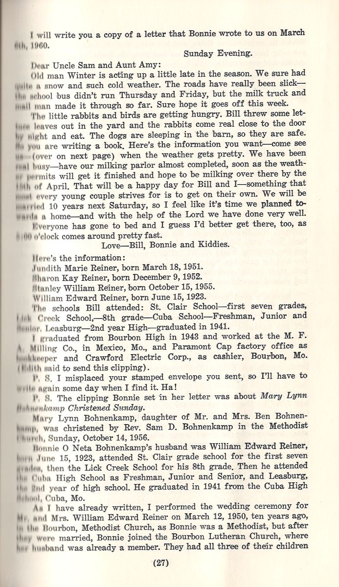 Vintage cream paper with black typed text, numbered 27, detailing Boone’s Creek family news and Bohnenkamp history.
