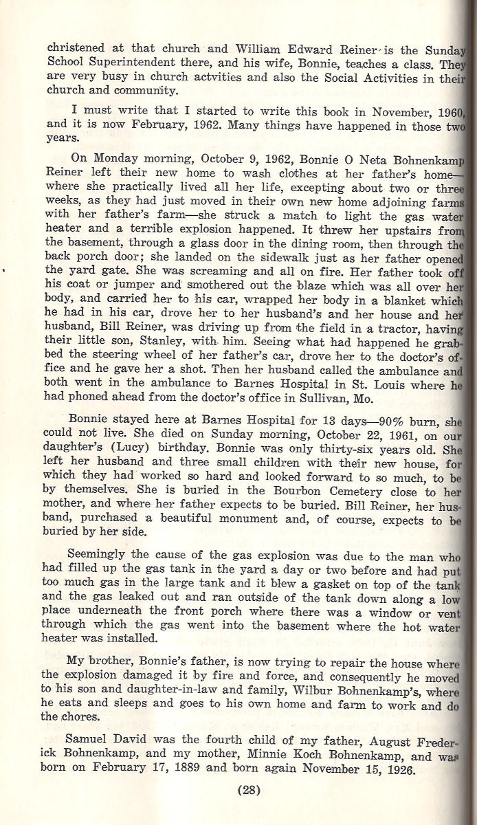 Vintage cream-colored book page with 1960s-style black serif text on Bohnenkamp family history, Boone’s Creek events.