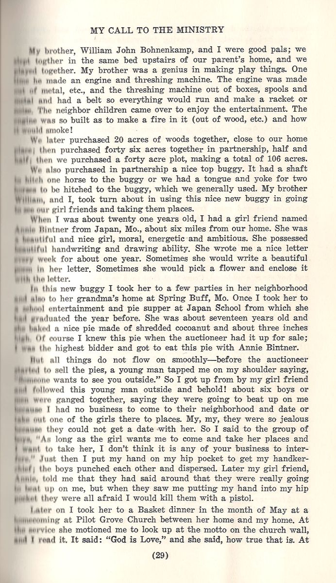 Vintage cream-colored book page from "My Call to the Ministry" with black serif text, page 29 at the bottom.