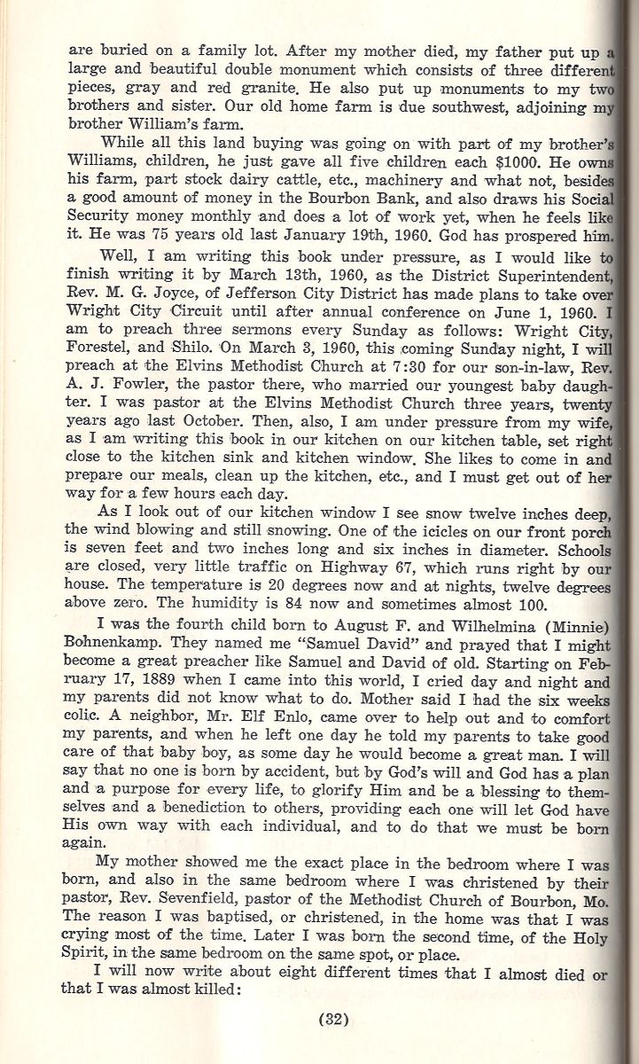 Vintage cream page from memoir, Bohnenkamp family history text, black serif font, page 32 at bottom for genealogy research.