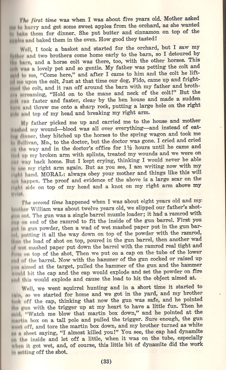 Boone’s Creek childhood memoir page, clear black serif text, slightly yellowed vintage paper, nostalgic book aesthetic.