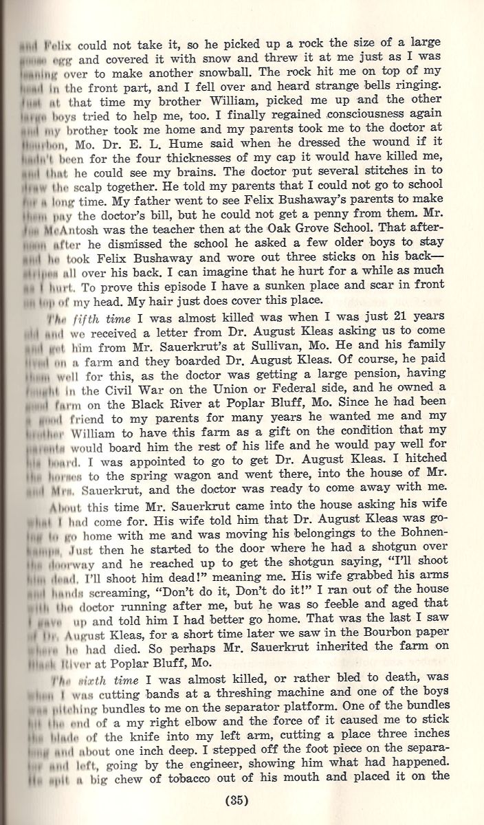 Vintage cream paper page 35, dense black typewritten text, classic book era; visible Bohnenkamp family history content.