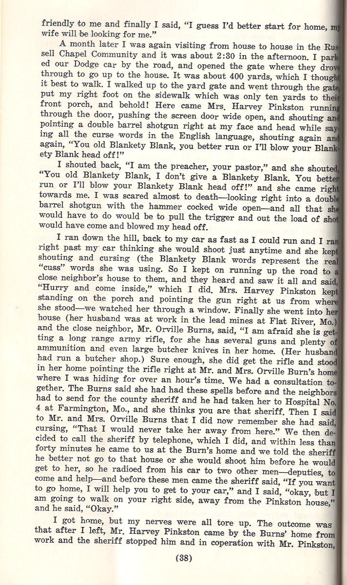 Book page with black serif text, 80s style layout; dialogue, guns, Sam D Bohnenkamp in a suspenseful house scene.