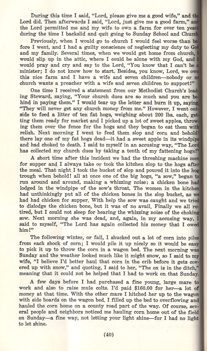 Vintage off-white book page, dense black serif text, page number 40, referencing Sam D Bohnenkamp and farm life.