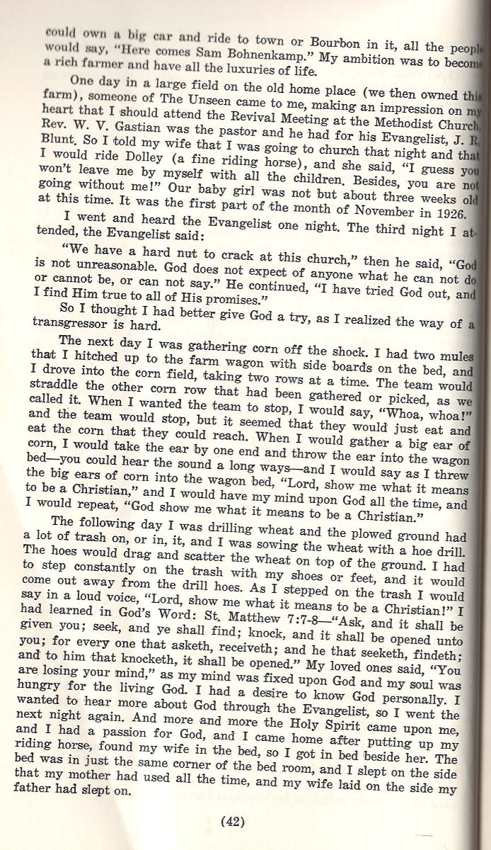 Black-and-white vintage book page, Boone’s Creek Bohnenkamp family history text, mid-century serif print style.