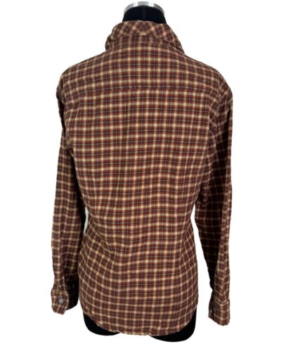 Vintage 90s Levi's women's plaid flannel shirt, brown dagger collar, yellow and red checkered, medium, on black mannequin.