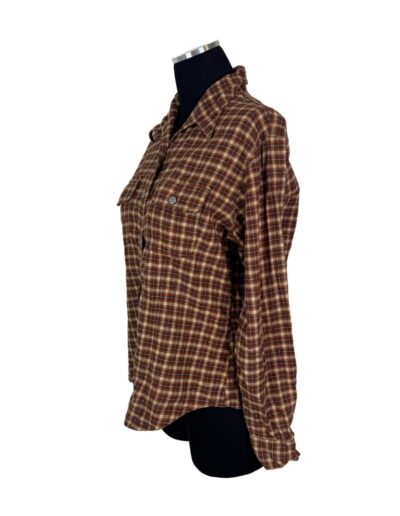 Brown vintage 90s Levi's women's plaid flannel shirt, medium, dagger collar, buttoned, side view on black mannequin, white background.