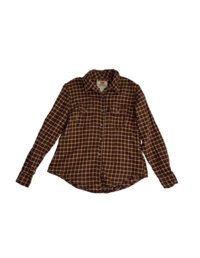 Vintage 90s Levi’s women’s medium brown and black plaid flannel shirt with dagger collar, button front, chest pockets.
