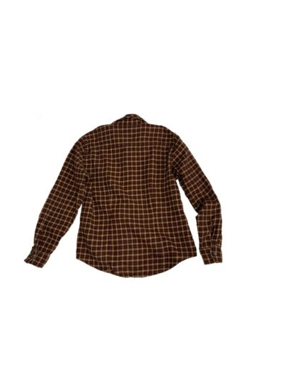 Brown plaid flannel Levi’s shirt, vintage 90s grunge style, medium size, dagger collar, laid flat on white for women’s jeanswear.