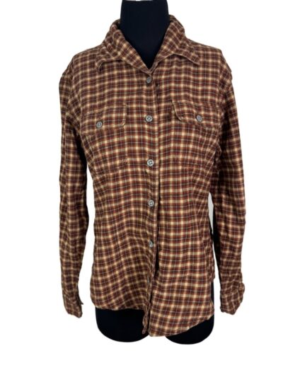 Vintage 90s Levi's women's plaid flannel shirt, brown and yellow checks, long sleeves, dagger collar, chest pockets.