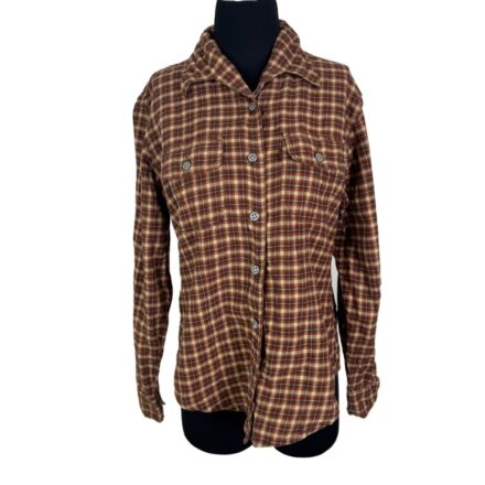 Vintage 90s Levi's women's plaid flannel shirt, brown and yellow checks, long sleeves, dagger collar, chest pockets.