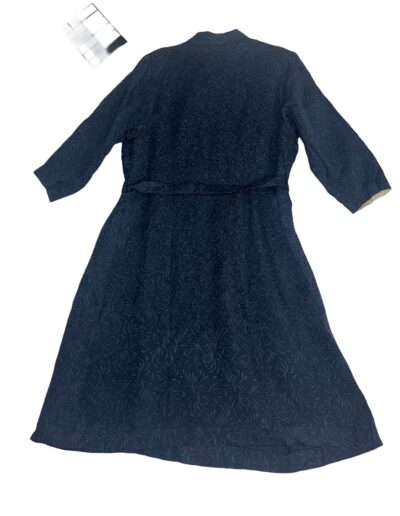 1940s navy blue floral brocade midi dress with long sleeves, mother of pearl buttons, snap front, and original belt laid flat.