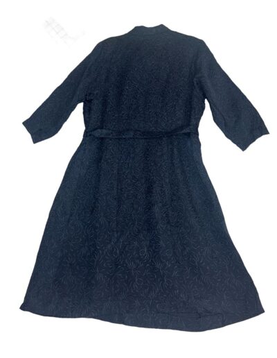 1940s navy blue floral brocade midi dress with mother of pearl buttons, belt, long sleeves; vintage WWII style on white background.