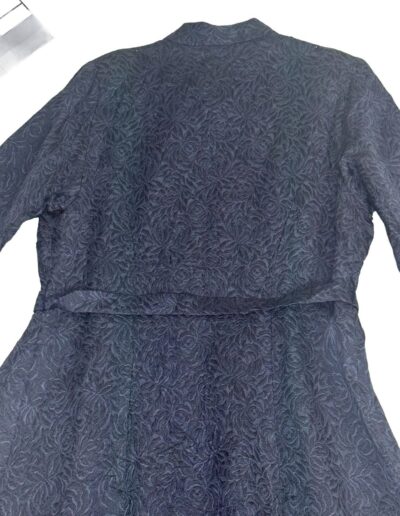 1940s handmade navy blue floral brocade midi dress with mother of pearl buttons, original belt, color chart in corner.