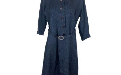 1940s Handmade Navy Blue Floral Brocade Midi Dress | Decorative Mother of Pearl Buttons | Vintage WWII Era Snap-Front Dress with Original Belt
