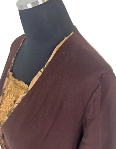 Rare plus size antique 1920s dark brown drop waist dress with Art Deco embroidery on a mannequin, XL/1X, white background