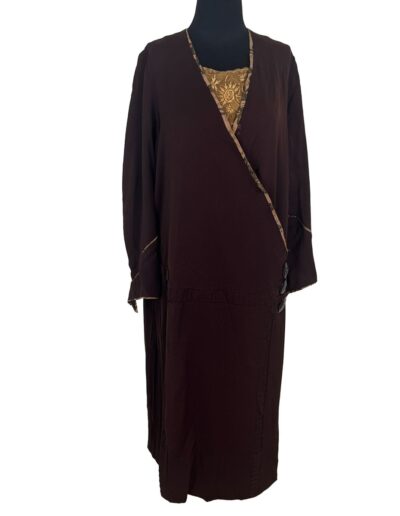 Plus size 1920s dark brown drop waist dress with wrap front, art deco gold embroidery at neckline, antique flapper style.