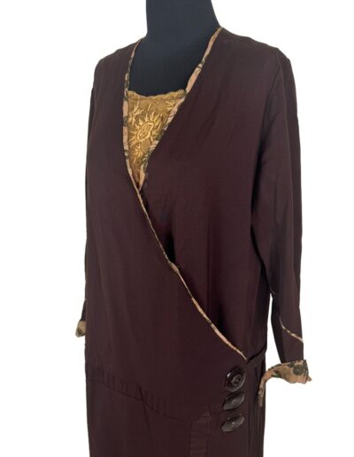 Plus size 1920s dark brown drop waist dress, Art Deco embroidery, gold floral trim, side buttons, gold lace neckline, XL/1X.