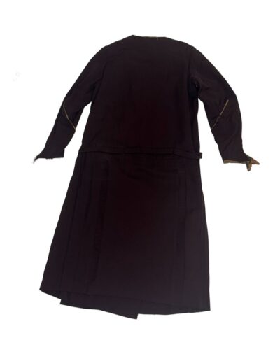 Plus size antique 1920s dark brown drop waist flapper dress, Art Deco embroidery, back view on white, worn cuffs and hem visible.
