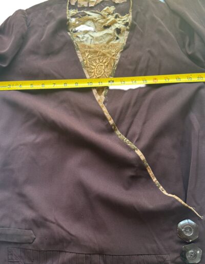 Plus size antique 1920s dark brown drop waist flapper dress with Art Deco embroidery, two buttons, worn collar, measured at 21 inches.
