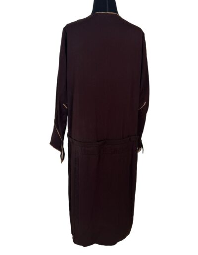 Plus size antique 1920s dark brown drop waist dress with gold trim, art deco embroidery, XL and 1X, flapper style.
