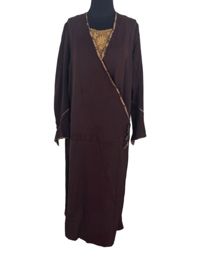 Plus size antique 1920s dark brown drop waist flapper dress with gold floral art deco embroidery, long sleeves, on black mannequin.