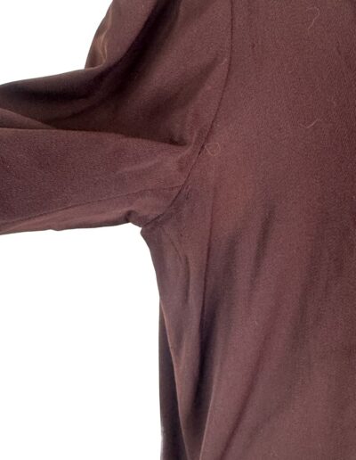 Close-up of underarm seam on rare plus size antique 1920s dark brown drop waist flapper dress in XL 1X vintage style.