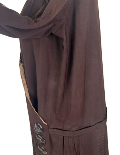Plus size antique 1920s dark brown Art Deco drop waist flapper dress XL/1X, embroidered wrap, long sleeves, white background.