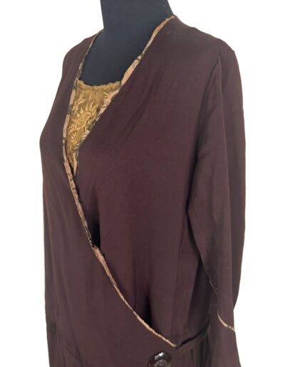 Rare plus size antique 1920s dark brown flapper dress with Art Deco embroidery, tubular silhouette, side buttons, and trim.