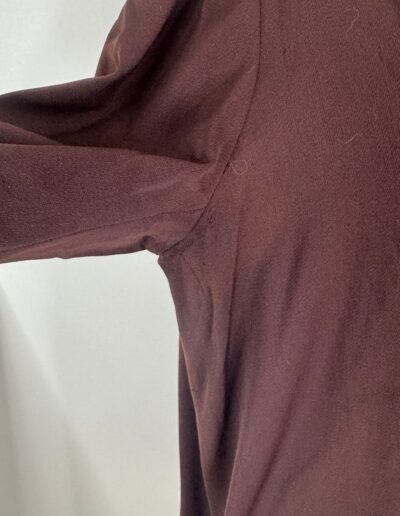 Rare plus size 1920s dark brown Art Deco embroidered wrap dress in XL/1X, showing drop waist and fabric wrinkles on white background.