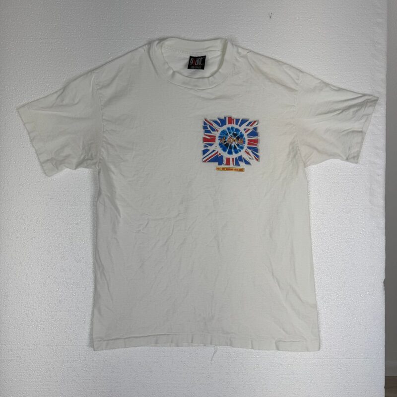 Vintage Def Leppard style white cotton T-shirt with Union Jack and blue circle graphic, classic rock concert tour memorabilia.